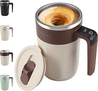 Mongdio Self Stirring Coffee Mug with Temperature Display, Rechargeable Electric Magnetic auto Stirring Coffee Mug with Lid, For Coffee, Milk and Other Beverages, Brown