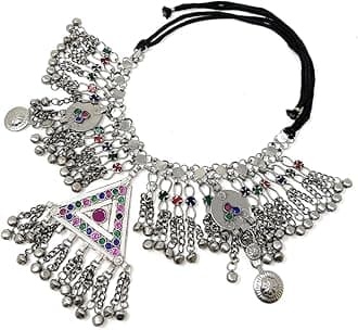 Duel On Jewel Afghan Tribal Kuchi Womens Oxidized Vintage Antique Handmade Coins Bells Statement Pendant Choker Necklace in Multicolor - Bohemian Belly Dancing Jewelry Unique Gifts Christmas Holiday