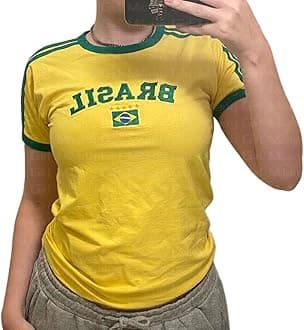 Vintage Graphic Baby Tees for Women Brazil Shirt Y2k Tops Mexico Crop Top Jersey 2000s Summer Going Out Tops