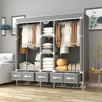 Anmas Power Canvas Wardrobe with 5 Drawers, 185x45x175cm Wardrobe for Bedroom Cupboard Clothes Storage Solution, with Hanging Rail Storage Shelves