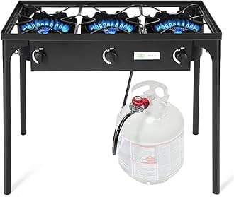 Goplus Outdoor Camping Stove, 3 Burner Propane Gas Cooker w/Detachable Legs & CSA Regulator & 0-20 PSI Regulator for Camp Patio RV, Cast Iron, 225,000-BTU