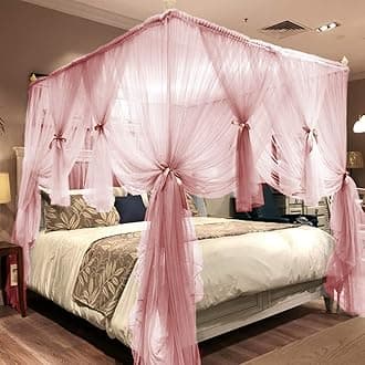 Joyreap 4 Corners Post Pink Canopy Bed Curtain for Girls & Adults - Twin Size Royal Luxurious Cozy Drape Netting- Cute Princess Bedroom Decoration Accessories
