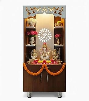Alpine Willow Premium Temple for Home (Pre-Assembled) Pooja Mandir for Home I Devghar I Puja Ghar I Corian Design Wooden Temple (Walnut & White, 130 X 60 X 35 CM)