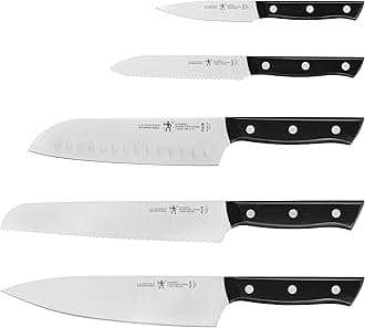 Dynamic 5 pc Razor-Sharp Kitchen Knife Set, 8-inch Chef’s Knife, 8-inch Bread Knife, 7-In Santoku Knife, 5-In Serrated Utility, 4-In Paring Knife