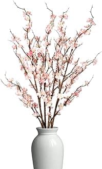 Ammyoo 4 PCS Artificial Plum Blossom Party Decorations Fake Cherry Flowers Faux Long Stems Wintersweets Silk Flowers Arrangement for Wedding Home Office Bedroom Decor(Light Pink)