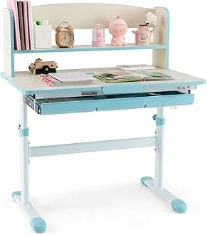 Costzon Kids Desk, Height Adjustable Children Study Desk with Tilt Desktop, Storage Drawer, Hutch, Scale Ruler, Student Writing Table School Desk for Boys Girls Bedroom, Desk for Kids (Blue)