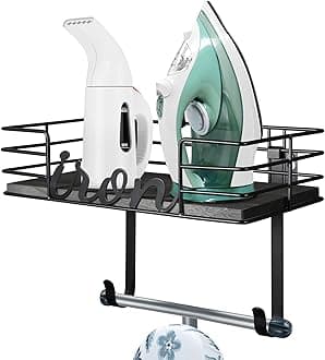 TJ.MOREE Ironing Board Hanger Wall Mount - Laundry Room Iron and Ironing Board Holder, Metal Wall Mount with Large Storage Black Wooden Base Basket and Removable Hook(Black)