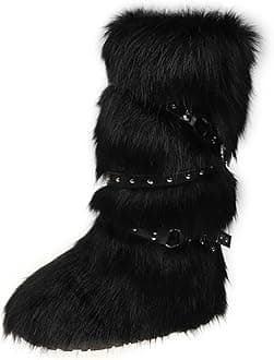 Faux Fur Boots for Women Long Furry Knee High Boots Comfy Warm Plush Snow Boots Winter Fuzzy Outdoor Boots Fluffy Indoor Flat Shoes