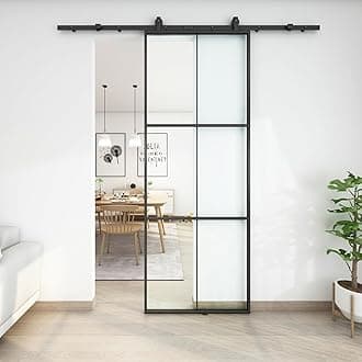 36in x 96in Glass Sliding Barn Door, 3-Panel Black Aluminum Frame and Clear Tempered Glass Modern French Door, Easy to Install (No Sliding Hardware Kit)