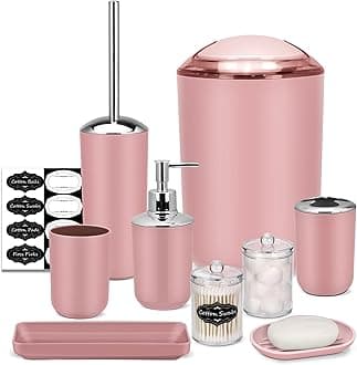 IMAVO Bathroom Accessory Set - 8 Pcs Pink Bathroom Accessories Set with Trash Can, Soap Dispenser, Soap Dish, Toothbrush Holder, Toothbrush Cup, Toilet Brush Holder, Qtip Holder Dispenser with Labels