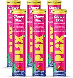 PLIX - THE PLANT FIX Glutathione Effervescent Tablets for Clear, Glowing & Youthful Skin | 500mg Glutathione, Vit E & Hyaluronic Acid | No Maltodextrin, No Sugar | Pack of 6 (90 tabs) | Strawberry