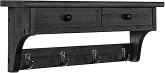 Emfogo Wood Coat Hooks Wall Mounted, Rustic Style with 4 Hooks & Shelf for Entryway, Mudroom, Bedroom, Kitchen, Bathroom (Black)