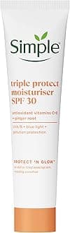 Simple Triple Protect Moisturiser SPF 30 – 3x Protection from UVA/UVB, Blue Light & Pollution with Vitamin C & E – Brightens Dull, Sensitive Skin for a Glowing Complexion 40 ml