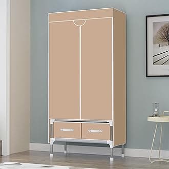 Portable Canvas Wardrobe with 2 Drawers, Portable Closet with Hanging Rail and Wardrobe Shelves, 75x45x170cm Wardrobe for Bedroom, Light Coffee