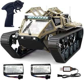 RC Tank Car, 1:16 Remote Control Crawler 10KM/H High Speed Tank, 2.4Ghz RC Rock Crawler Off-Road 4WD 360°Rotating Drifting Car with 2 Batteries, Military Truck Toy for Kids