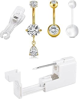 QWALIT Belly Button Piercing Kit Belly Piercing Kits Gold Belly Button Piercing Gun Self Belly Piercing Gun with Surgical Steel Dangling Belly Rings at Home
