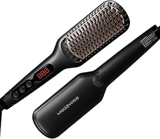 MEGAWISE Pro Ceramic Ionic Hair Straightener Brush for Home Salon, Straightening Hair Brush with 20s Heating Tech, Auto-Off, Anti-Scald with Universal Dual Voltage,Rotatable Power Cord, Black
