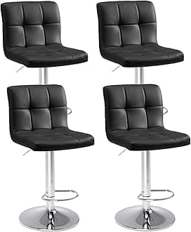 Sweetcripy Bar Stools Set of 4, PU Leather Adjustable Swivel Barstools, Armless Hydraulic Kitchen Counter Height Bar Stools, Thickened Seat Cushion Square Island Barstools with Back, Black