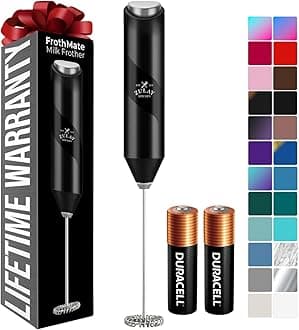 Zulay Kitchen Powerful Milk Frother AA Batteries Included – Ultra Fast Handheld Drink Mixer with Stainless Steel Whisk Stirrer for Coffee, Protein, Matcha & More, Frother Wand Electric Frothmate Black