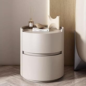 ERICAT Round Night Stand Nightstand, Wooden Bedside Table for Bedroom, Outer Leather Bedside Table, Nightstand Storage Living Room end Tables Drawer Shelf Bed Side Table(White,45x45x50cm)