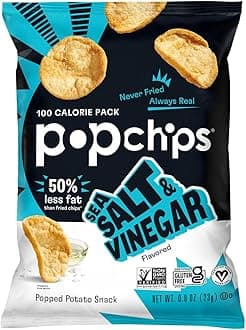 Popchips Potato Chips, Sea Salt & Vinegar, 12ct Single Serve 0.8oz Bags, Low-Calorie, Gluten Free, Salty Snacks for Adults and Children, Non-GMO, Vegan & Kosher Friendly, 100 Calories Per Bag