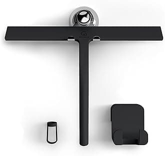 GÜTEWERK Silicone Shower Squeegee for Glass Doors & Mirrors with Stainless Steel Core, Streak-Free & No-Squeak Window Cleaning, 3-in-1 No-Drill Mount (Hook/Suction/Adhesive),Black, 11 Inches