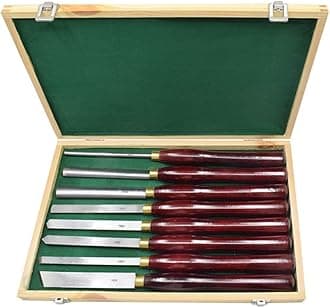 Wood Turning Tool HSS Lathe Chisel Set 8 Piece Set For Hardwood Handles High-Speed Steel Brass Ferrules and Wooden Case For Storage