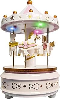 Carousel Music Box White – Elegant Horse Merry Go Round with LED Lights | Plays Beethoven’s Für Elise | Wind-Up Mechanical Toy | Wedding & Birthday Cake Topper, Nursery Decor & Gift