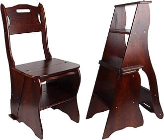 Wooden Folding Library Ladder Chair,2 in 1 Lightweight Portable Multifunctional Step Stool, 4-Step Stool Dual Purpose Stepladders, Display Stand and Flower Stand for Home(Dark Walnut)