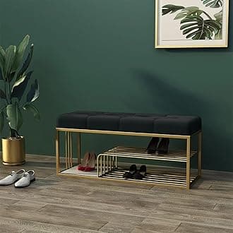 End of Bed Bench-Upholstered Entry Shoe Storage with Nailhead Trim,Black Mental Frame Ottoman Bench for Bedroom Entry Window Mudroom Living Room (Black Gold)