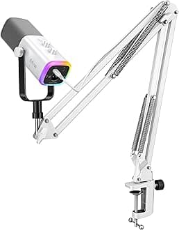 Gaming XLR/USB Microphone Kit, Streaming Dynamic Mic Set for PC, Computer Mic for Vocal Podcast Recording Voiceover, with Headphones Jack, Gain Knob, Arm Stand-AmpliGame AM8T White