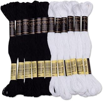 12 Pieces | Premium Embroidery Thread | 100% Egyptian Cotton Premium Skeins | Cross Stitch Embroidery Floss | Oeko TEX Certified Stranded Cotton (Black & White)
