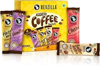 Bevzilla 48 Instant Coffee Powder Sachets (4 Flavours) - 96 Grams | Hazelnut, Classic, Vanilla & Butterscotch | 12 pouches Each Flavour | Arabica Coffee | Perfact for Espresso, Latte,Cappuccino | Hot