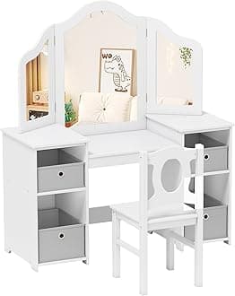 GYMAX Kids Vanity Table and Chair Set, 2-in-1 Princess Dressing Table with Tri-folding Mirror & 4 Storage Bins, Wooden Girls Makeup Desk for Bedroom Playroom (White, Chair: 30 x 30 x 66 cm)