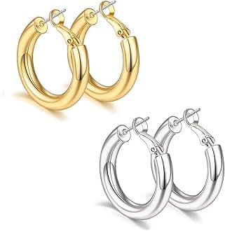 sovesisovesi Chunky Gold Hoop Earrings for Women with 925 Sterling Silver Post, 14K Gold Plated Small Thick Gold Hoops Earrings for Women