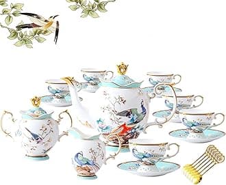 ACMLIFE Fine Bone China Tea Set with Teapot, Porcelain Tea Sets for Adults, 21-Piece Vintage Tea Set for 6, 24K Gold Blue English Floral Bone China Tea Sets for Women Tea Party for Gifts