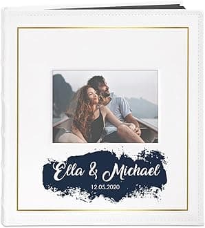 MavertonPhoto Album for couples- White cover with a photo frame and a stylish print - 60 black pages to fill in - Up to 240 images in multiple size - For wedding - For parents - golden