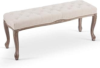 VONLUCE Vintage Bench with Padded Seat & Rubberwood Legs, 44" Memory Foam Upholstered Entryway Bench, Tufted Fabric End of Bed Bench for Bedroom and Living Room, French Style, Beige