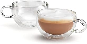 Duo Form Set of 2 Cappuccino Glass Coffee Cups with Handle, Hollow Vacuum Sealed, Heat Resistant, 250ml Cappuccino Cup
