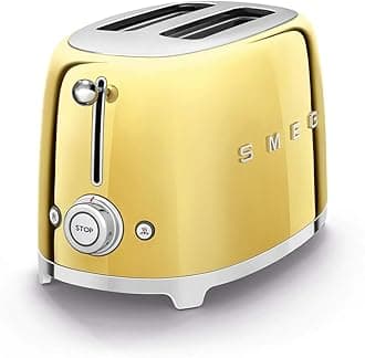 Smeg Tsf01GoUK, 50'S Retro Style 2 Slice Toaster,6 Browning Levels,2 Extra Wide Bread Slots, Defrost And Reheat Functions, Removable Crumb Tray, Gold,1 Year Warranty
