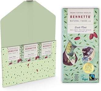 Dark Mint Dark chocolate with 60% cocoa and pure mint oil. Certified organic, Fairtrade, and net climate positive. Beautiful gifts for everyone. 3x 80g Full Size Bars.