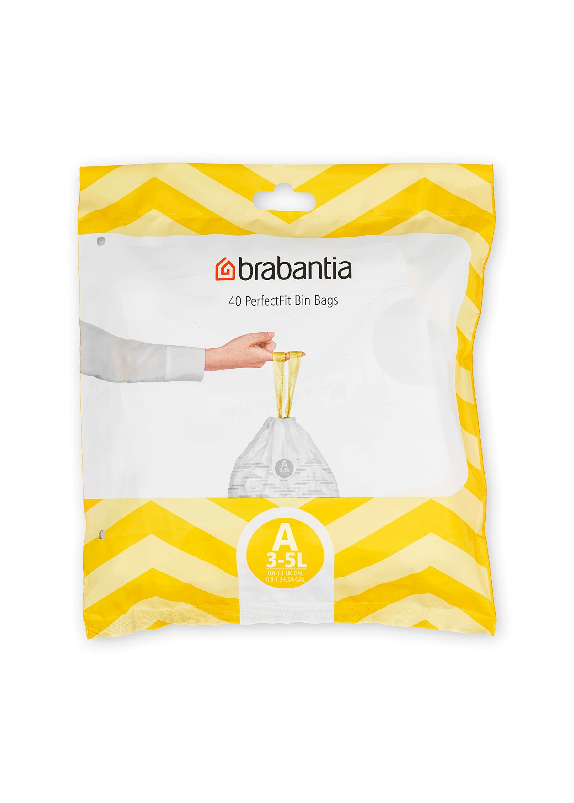 Brabantia PerfectFit Bin Liners (Size A/3 Litre) Thick Plastic Trash Bags with Tie Tape Drawstring Handles (40 Bags), White - Code a,137600