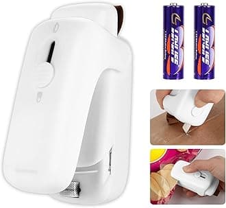 Mini Bag Sealer, Kenossion Chip Bag Sealer - Bag Sealer Heat Seal with Cutter & Magnet, Portable Mini Sealing Machine to Reseal Plastic Bags & Keep Snacks Fresh-White(2xAA Batteries Included)