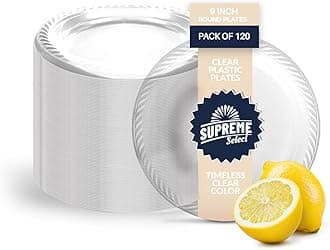 Clear Disposable Plastic Plates [Set of 120 | 9-inch Plates] Elegant Party Dinner -Microwave Safe Plastic Dish Set- Sturdy Rimmed For Weddings, Parties, Kitchen Use