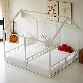 Twin Metal Double Floor Bed with Roof Deisgn,Montessori House Bed for 2 Kids,Platform Beds with Fence for Girls and Boys Bedroom,Easy to Assemble,No Box Spring Needed, White