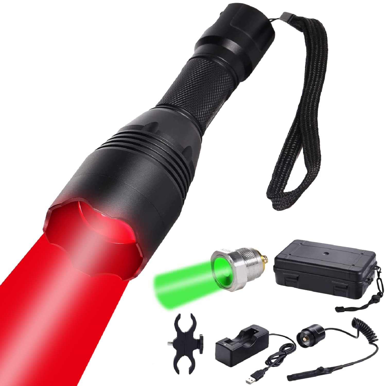 KL35 Hunting Flashlight Kit Zoomable Long Range Red Green LED Predator Light for Coyotes, Varmints