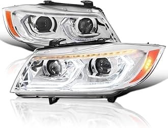 Chrome Dual Projector Headlights with 3D LED Tube and Startup Animation Compatible with 2006-2011 BMW 3-Series E90 Sedan/E91 Wagon, Left + Right Pair Headlamps Assembly