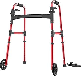Folding Walkers for Seniors, Walker with Skis Lightweight 5'' Front Wheel Walker Height Adjustable Aluminum Standard Walker for Elderly and Disabled（Red）