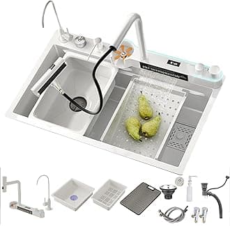 Black Stainless Steel Waterfall Kitchen Sink With Digital Display and New Dual Mode Faucet - Multifunctional With Accessories (BS-80x45x22CM)