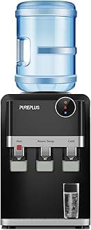 PUREPLUS Top Loading Water Cooler Dispenser, Countertop Water Cooler for 3 or 5 Gallon Bottles, Hot & Cold Water, 3 Temperature Settings, Child Safety Lock, Removable Drip Tray for Home, Office